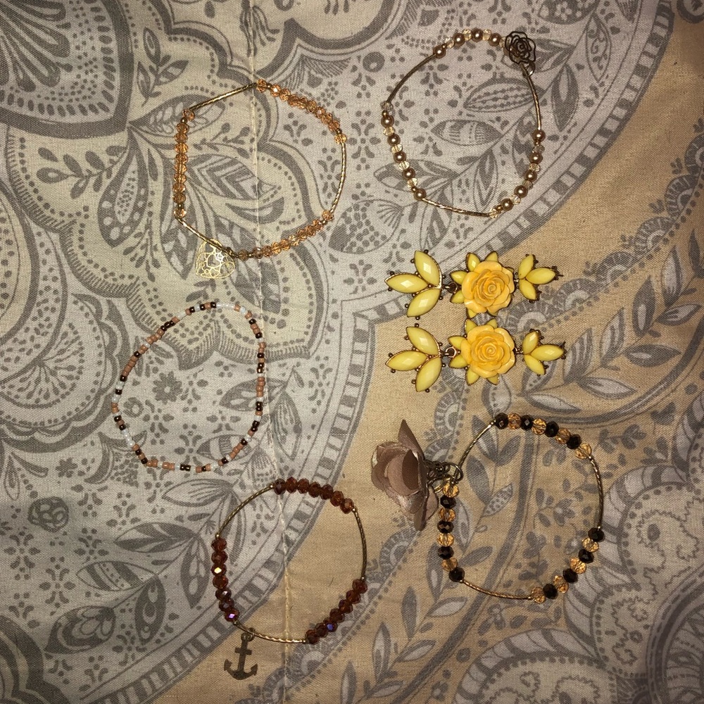 Yellow- flower earrings and set of 5 bracelets.